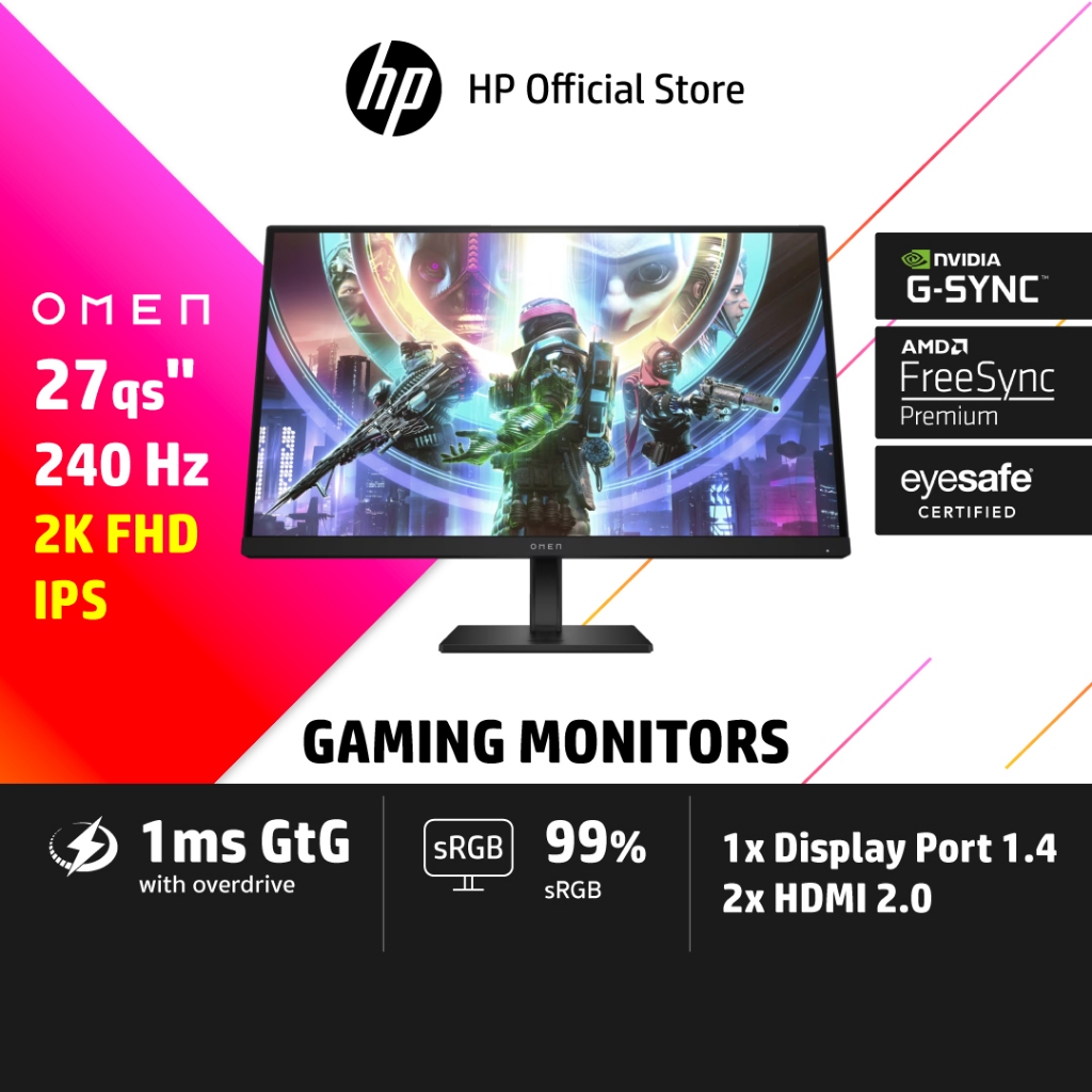 HP Gaming Monitor (OMEN 27qs) 240Hz IPS 2K QHD อัตรารีเฟรชสูง สบายตากันแสงสีฟ้า การป้องกันดวงตา จอคอ