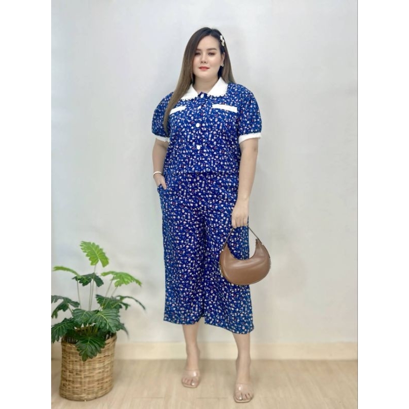 ชุดเซตสาวอวบอ้วน Miss M.A.Closet สาวพลัสไซส์ 2 ชิ้น เสื้อแฟชั่นปกขาวแต่งลูกไม้ & กางเกงขา7ส่วน ผู้หญิง