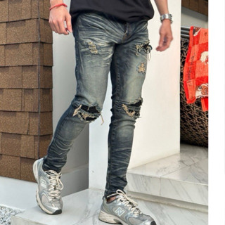 กางเกงยีนส์ขายาว สไตล์ญี่ปุ่น  Rock มาก ผู้ชาย ทรงเดฟ ผ้าญี่…