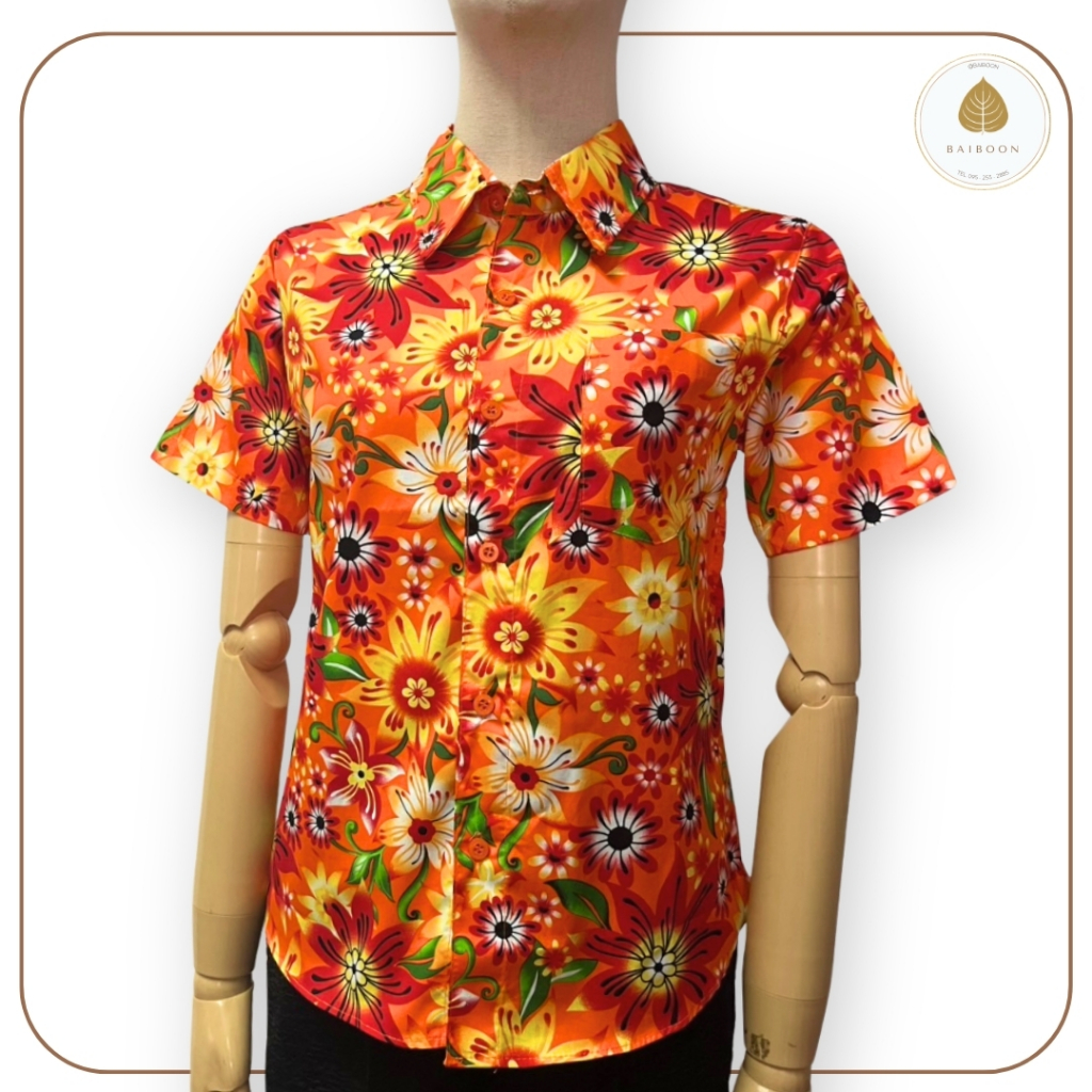 Almini - เสื้อสงกรานต์ ลายดอก คอปก ยี่ห้อ ใบบุญ รหัส BA2097