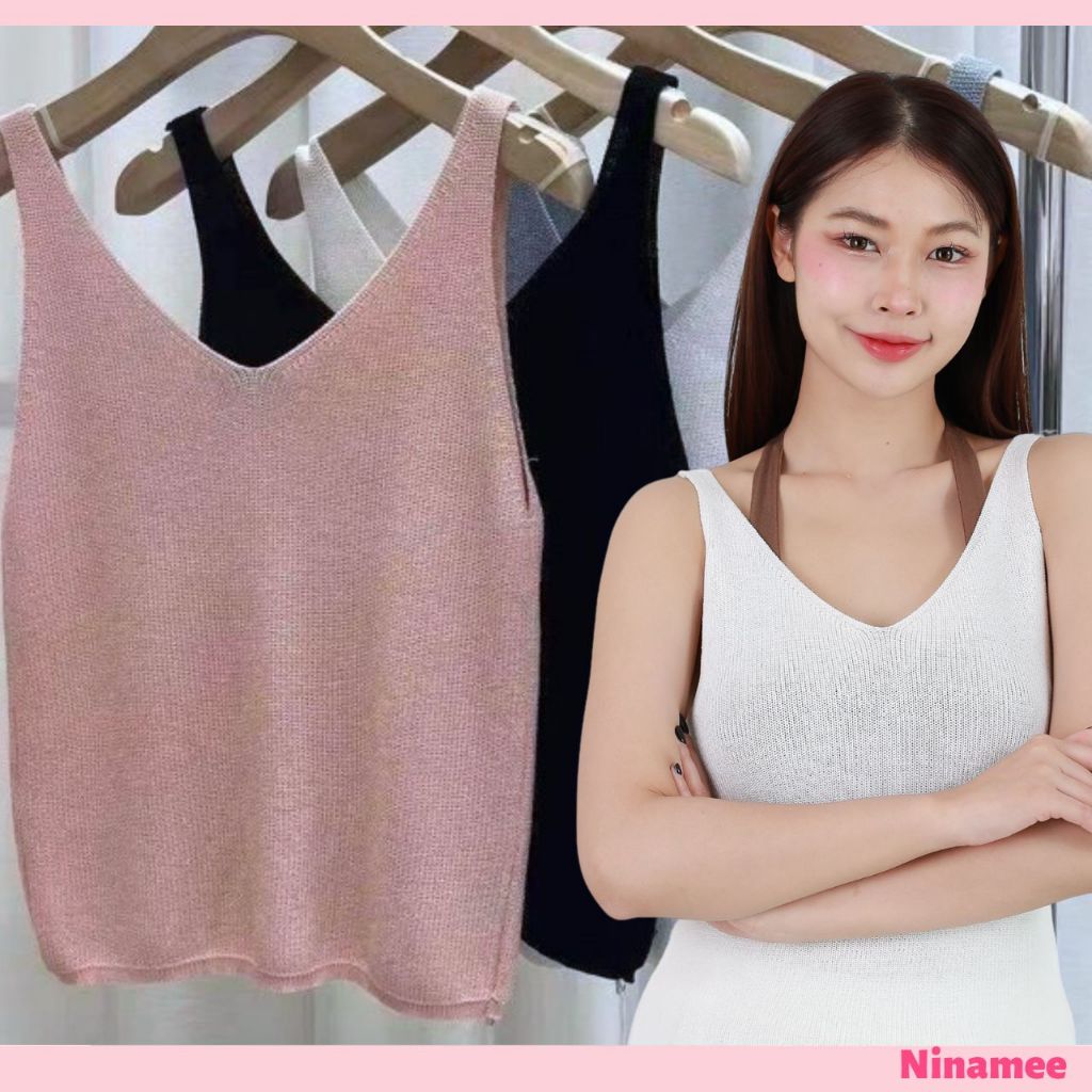 Ninamee เสื้อกล้ามถักตาข่าย อก 30-44 นิ้ว น่ารัก ทรงคอวี เสื้อกล้ามคอวี แนวชิค เก๋ๆ #60065
