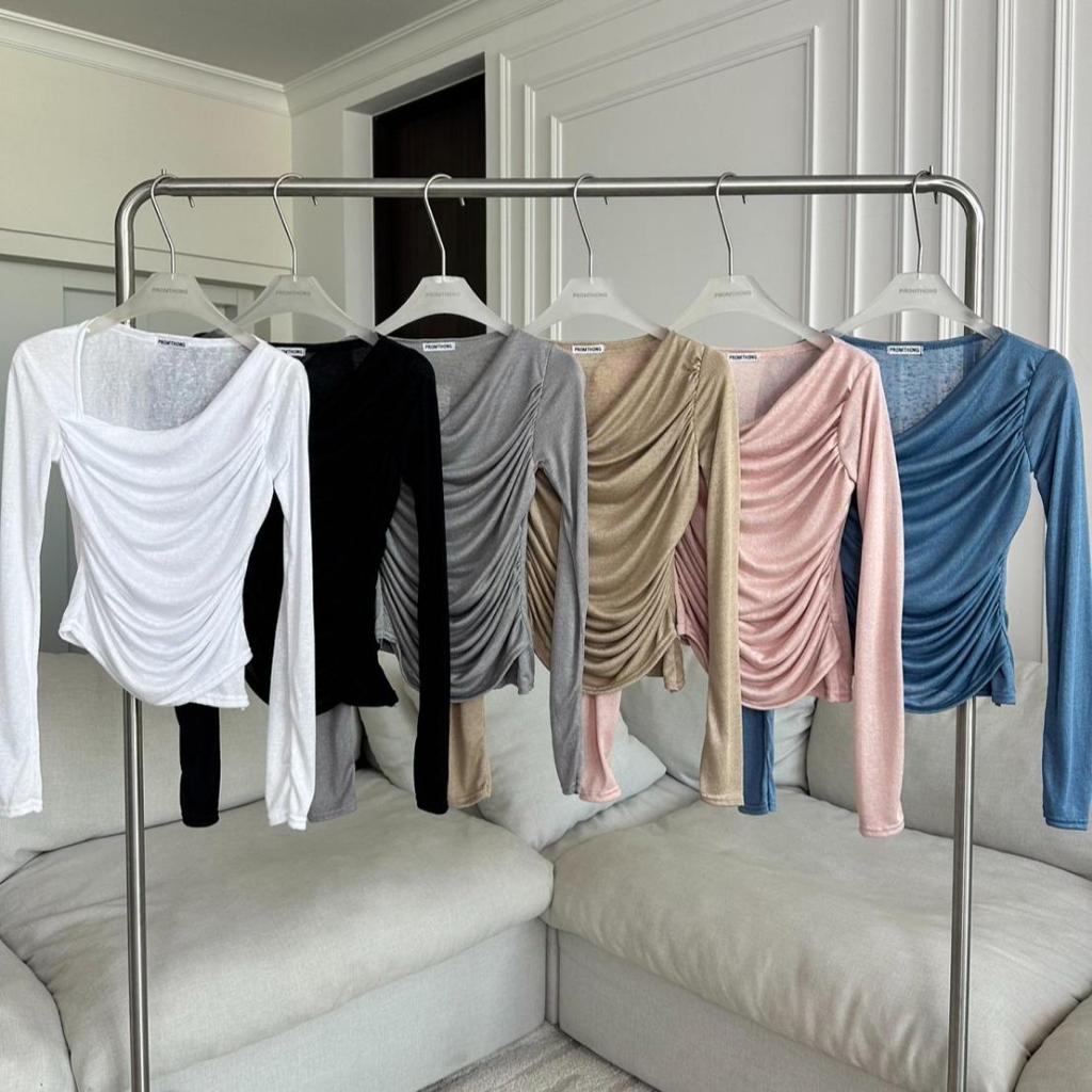 PT068 เสื้อสลาฟแต่งคอเฉียงแขนยาวย่นข้าง PROMTHONG