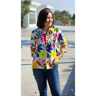 Tissara Boutique ทิศราเสื้อเชิ้ตผู้หญิง แขนสามส่วน เอวตรง ผ้…