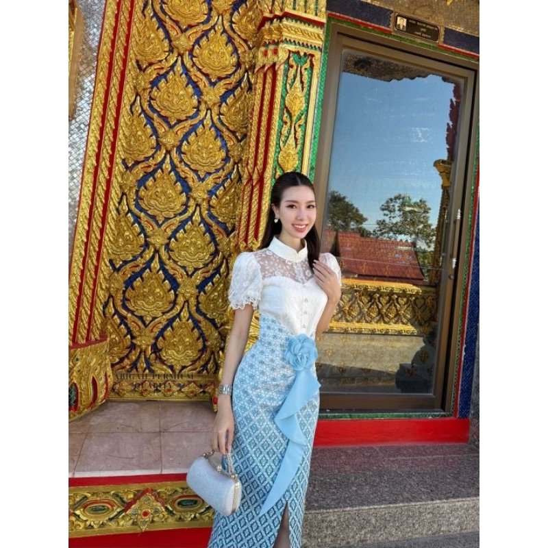 ชุดเซ็ตผ้าไทยสีฟ้ารับงานบุญ S-L Thai Print Set3 รูปที่ 5