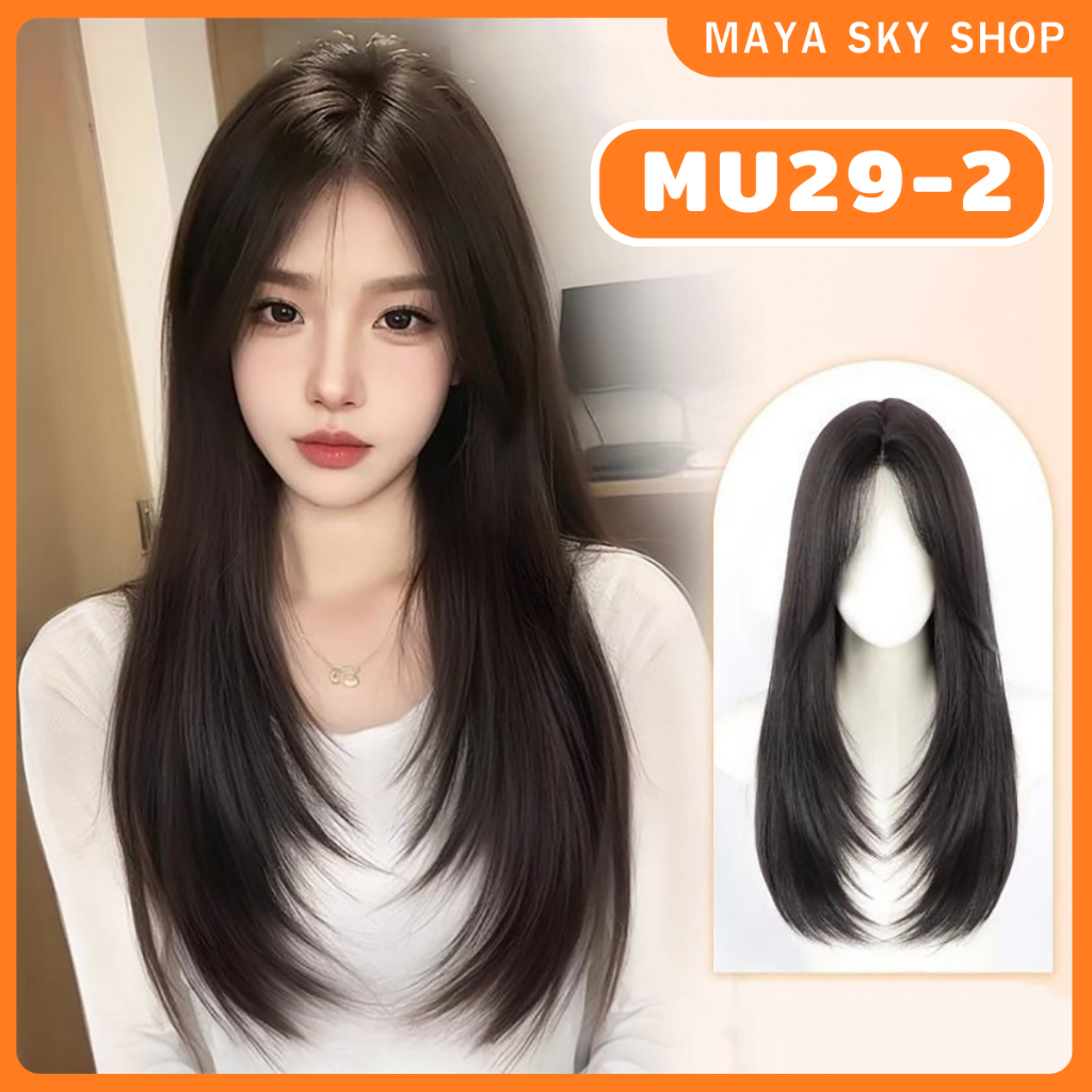 MAYAWIG วิกผมกึ่งทอมือ(ทอลูกไม้ครึ่งหัวตัว U ใหญ่) วิกผมตรง ทรงสไลด์ไล่เลเยอร์ แสกกลาง มีไรผม สีน้ำตาลดำ(65 cm.) MU29 - รูปที่ 3