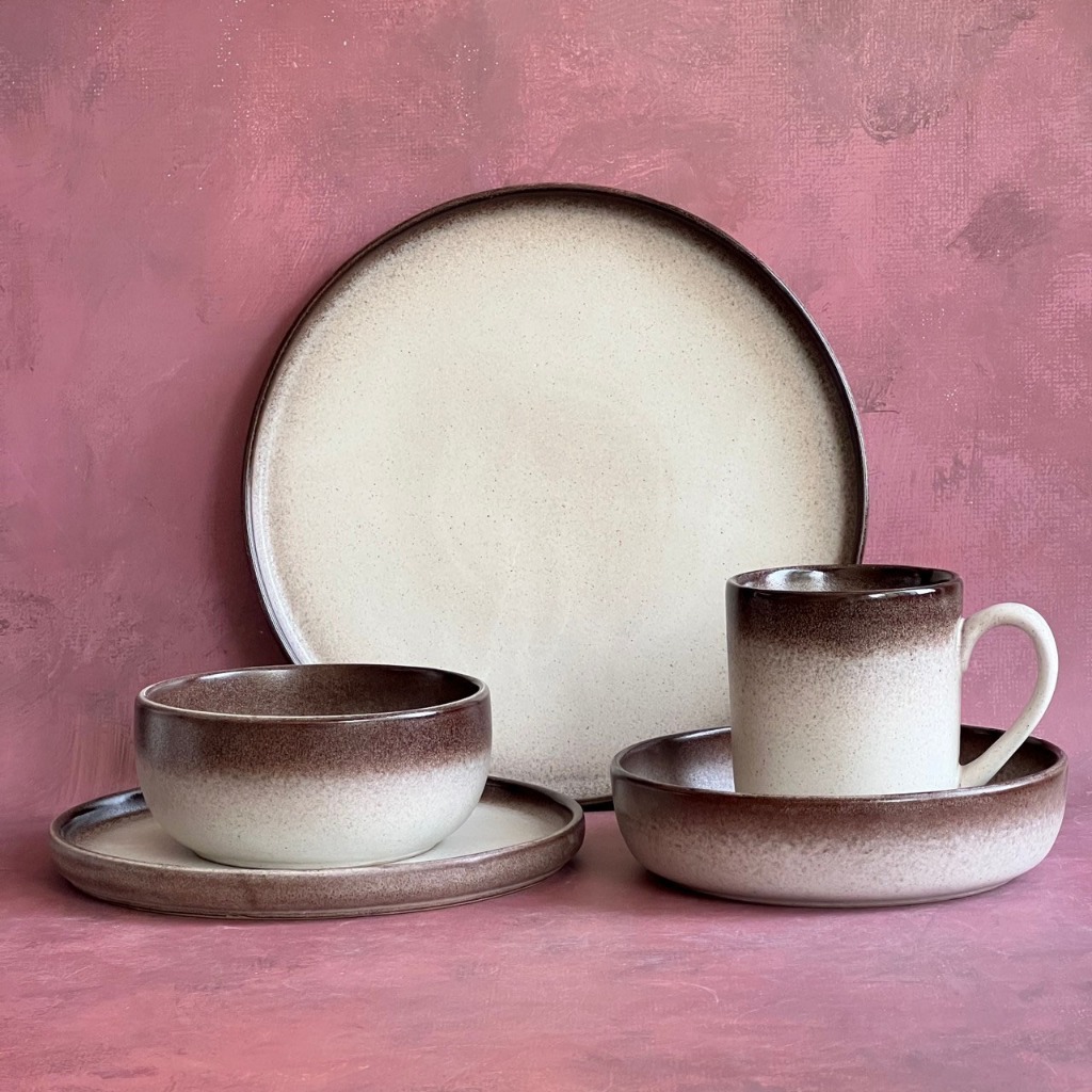 เซ็ตจานชามแก้ว เซรามิค สีครีมพ่นขอบน้ำตาลเข้ม - AT1CERAMIC