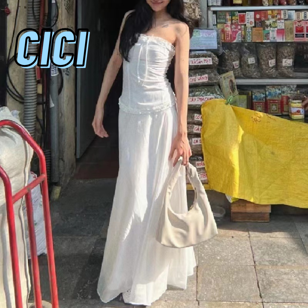 Cici(NO.K2180K/3202)SET2ชิ้น เกาะอกสม็อกหลัง+กระโปรงยาวซิปข้าง ผ้าคอตตอน มีซับใน ดูเรียบง่ายใส่สบาย สไตล์สาวเวียดนาม