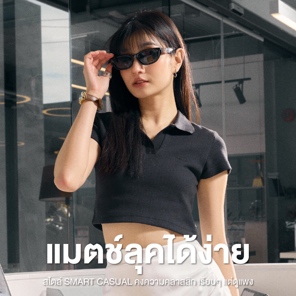 Yuedpao Polo Crop Waffle ผ้าหนาทรงสวย ยับยากรีดง่าย เสื้อยืดเปล่า เสื้อครอปโปโล สี Black