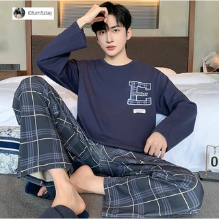 M-4XL(ราคาถูกที่สุด)ชุดนอนผู้ชาย，สีทึบที่หรูหรา，ชุดนอนผ้าซาตินเนื้อเรียบ，สวมใส่สบาย，8 สี，ขายาว+เสื้อ
