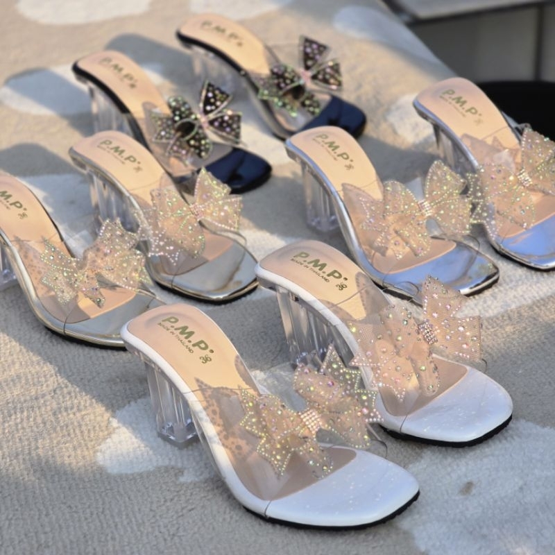 💕OHODOODEE 💕รองเท้าส้นแก้วสูงตันสูง 3 นิ้ว โบว์วิบวับ ( โบว์ PMP ) - รูปที่ 4