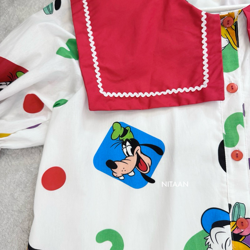 NITAANKIDS ❤️(*1ชุดแม่1ชุด)CARTOON DRESS เดรสผ้าคอตตอนมีซับ ปกเหลี่ยมสีพื้น เดินริบบิ้นหยัก กระดุมหน้า - รูปที่ 4