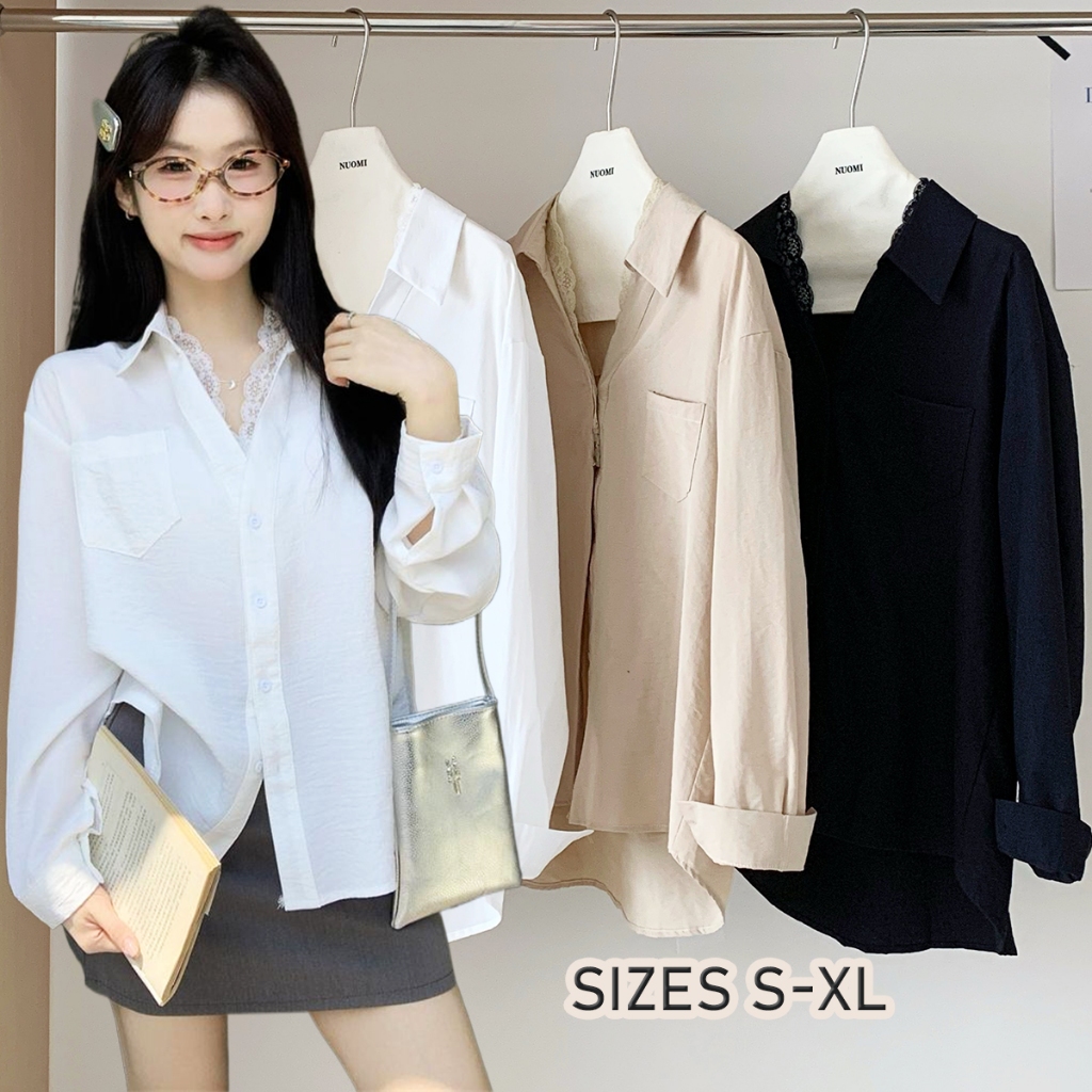 KOKO#เสื้อเชิ้ตผู้หญิงแขนยาวลูกไม้ แฟชั่นฤดูร้อน เสื้อคอปก ผ้าcotton เข้ารูป สีพื้น เสื้อผ้าแฟชั่นผู้หญิง#W527