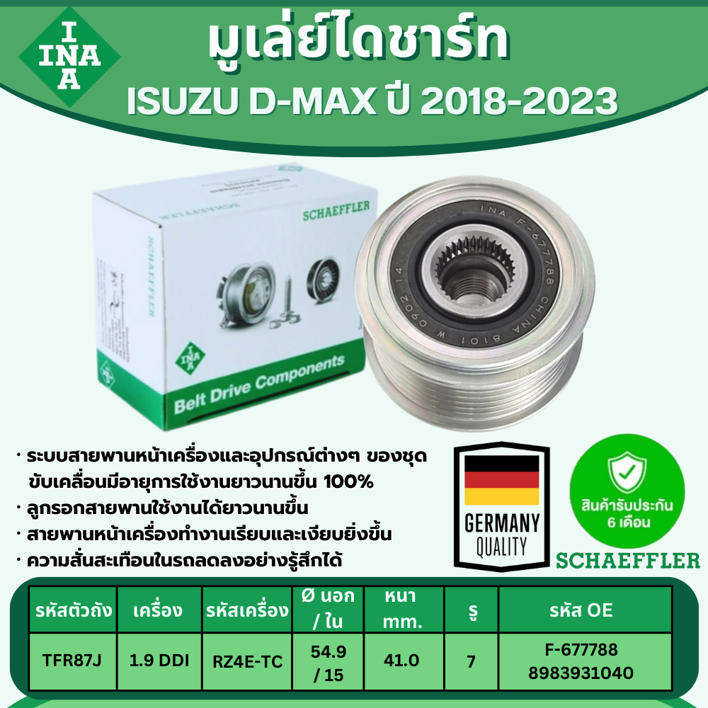 INA มูเล่ย์ไดชาร์ท ISUZU D-MAX BLUE POWER 1.9 DDI ปี 2018-2023 (1ชิ้น) ประกัน 6 เดือน