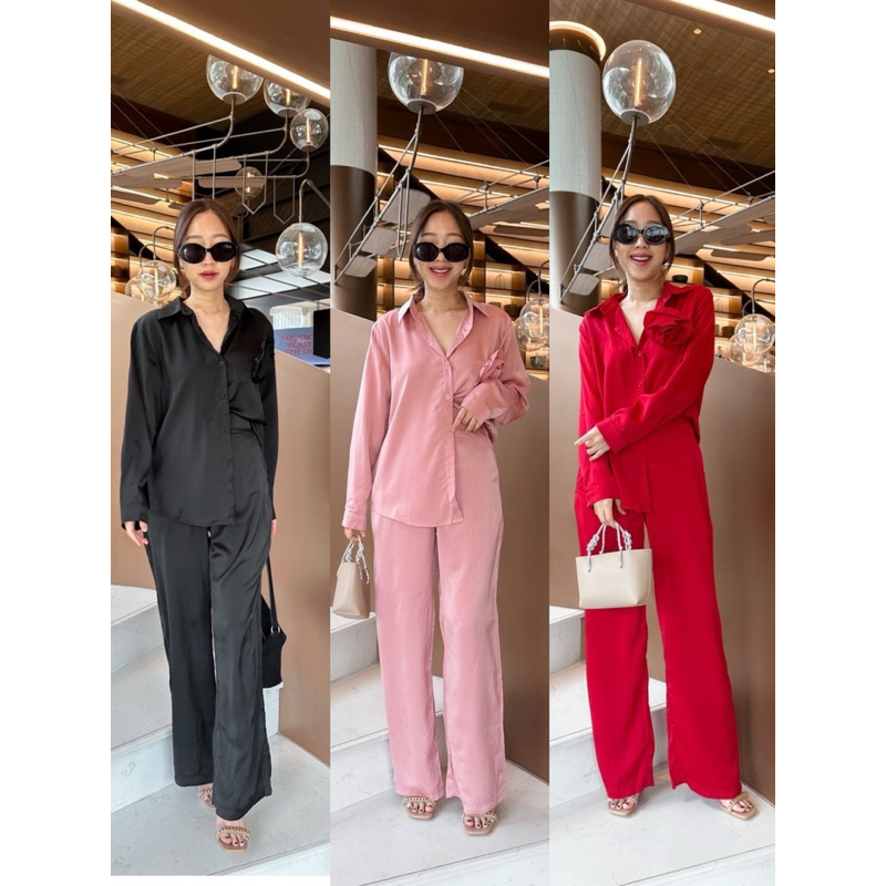 Ls520 set เชิ้ตแขนยาว+กางเกงขายาว  เสื้อมีเข็มกลัดกุหลาบ สามารถถอดออกได้