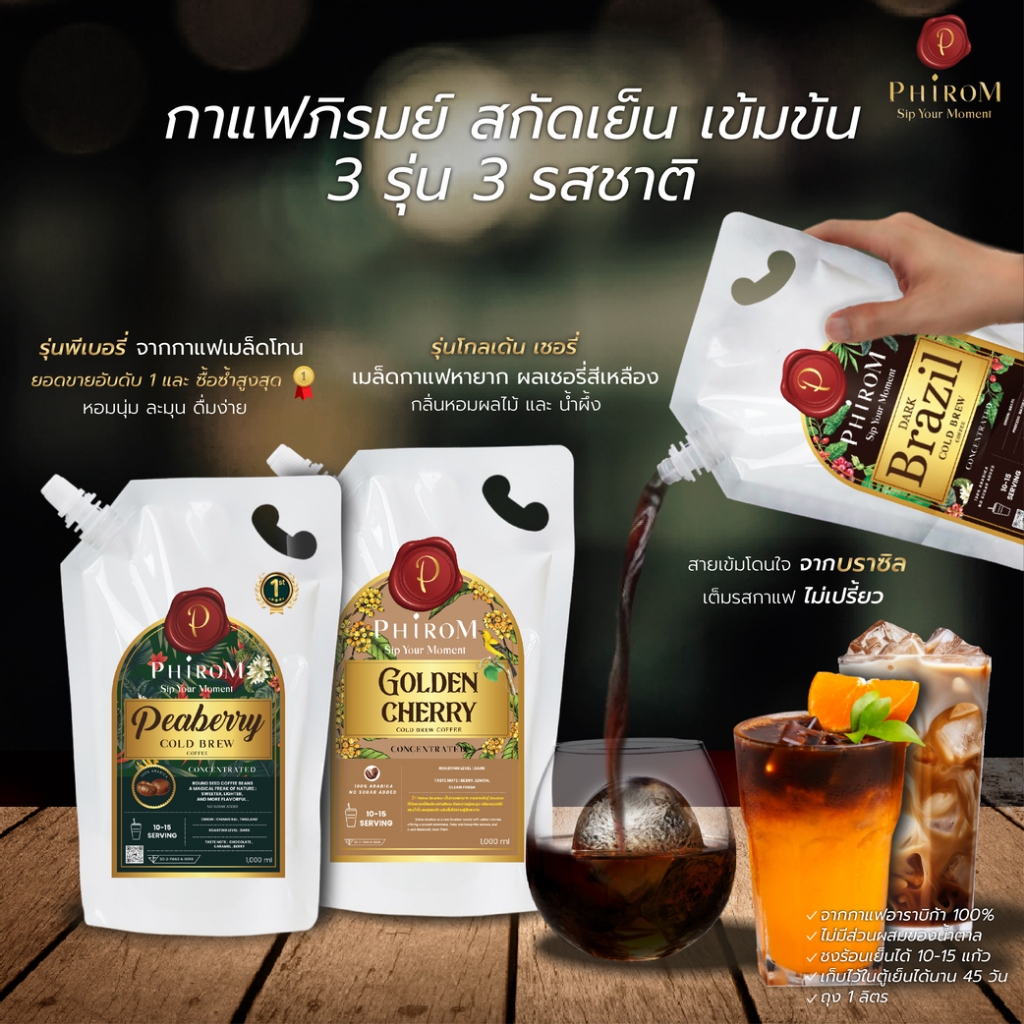 กาแฟสกัดเย็นเข้มข้น พร้อมดื่ม  ถุง 1 ลิตร       **ผสมดื่มได้10-15แก้ว หลังเปิดแช่เย็นได้ 45วัน