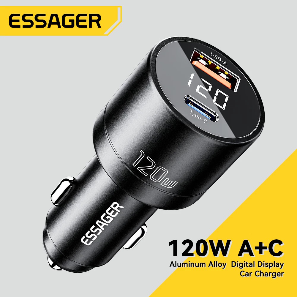 Essager ที่ชาร์จโทรศัพท์มือถือ Usb Type C 120w พอร์ตคู่ ชาร์จเร็ว สําหรับรถยนต์ 12V-24V