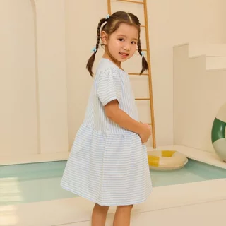 e'clat ชุดเดรส ชุดกระโปรง ลายริ้ว ปักดอกไม้ เด็กผู้หญิง 1-6ปี ผ้าcotton ไม่ยืด ใส่สบาย 8075