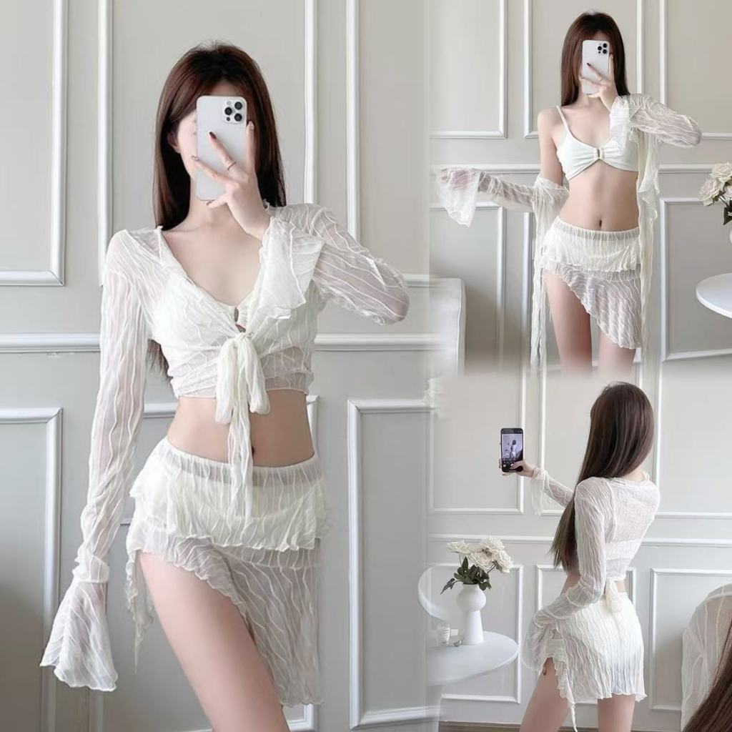 🌸พร้อ​มส่ง🌸ชุดว่ายน้ำผู้หญิง บิกินี่ 4 ชิ้น แขนยาว ผ้าคลุมไหล่ เซ็กซี่ เนื้อผ้าดี ใส่ได้หลายแบบ