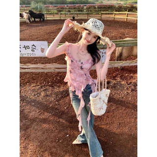 Cicishop(D0266) เสื้อสายเดี่ยวผ้าตาข่ายติดโบว์ ลายพิมพ์มีฟองน้ำ สม็อคหลังแต่งระบาย สไตล์สาวเกาหลี