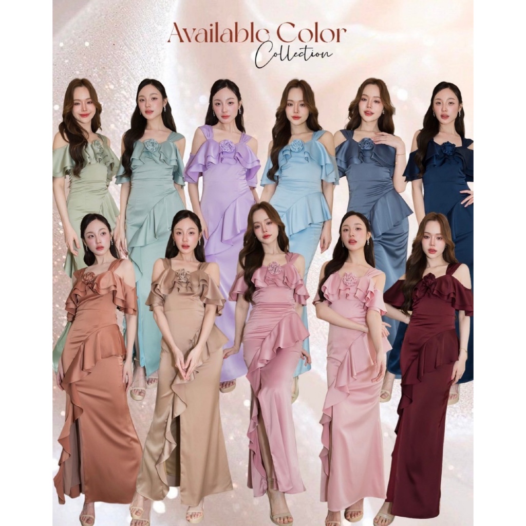 ชุดออกงาน ชุดเพื่อนเจ้าสาว koolykool ระบายสองชั้นใหญ่อ้อมแขน กระโปรงระบายย้วยเฉียงแหวก แถมเข้มกลัดดอกไม้ BQ00