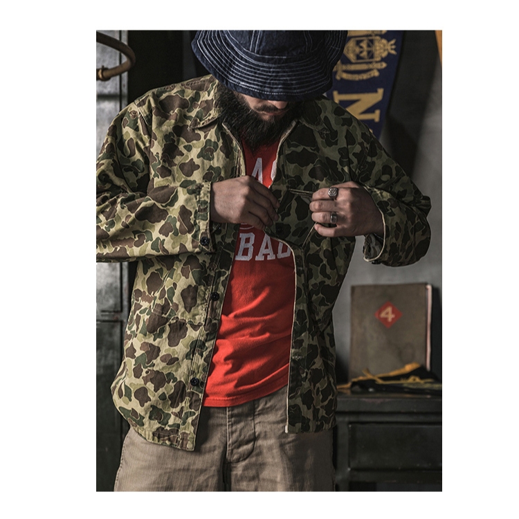 🔥 เสื้อแจ็คเก็ตทหารแนววินเทจ USMC P-44 Duck Hunter Camo HBT Jacket🔥