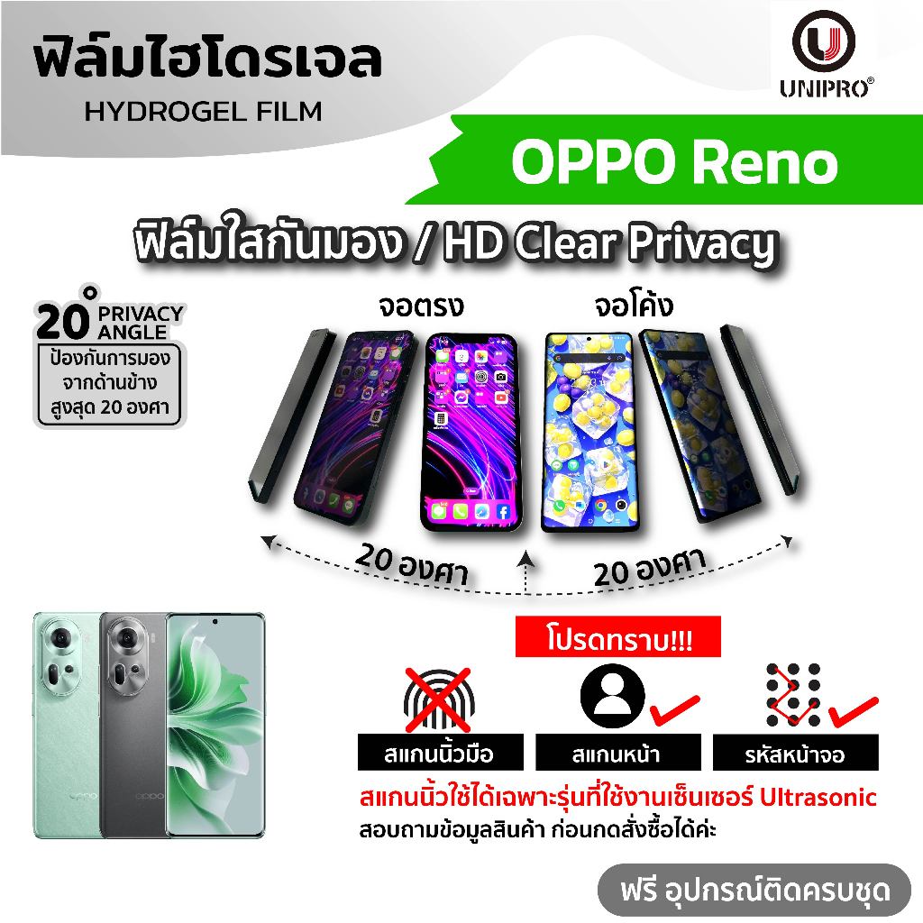 UniPro ฟิล์มใสไฮโดรเจลกันมอง (OPPO RENO) รุ่น 8 9 10 11 11F 12 12F 13 13 Pro Plus 5G