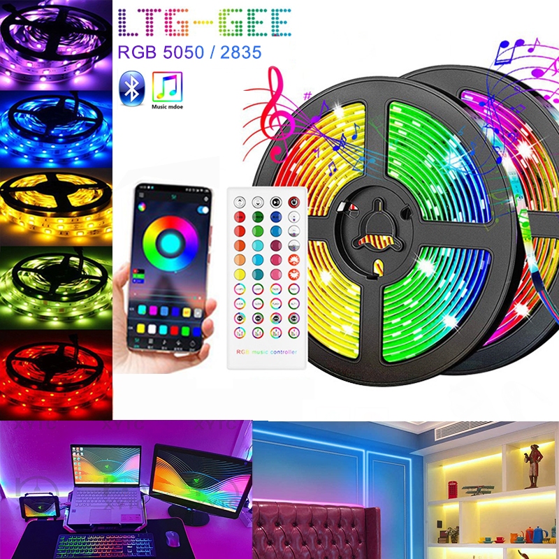 ไฟแต่งห้อง LED แบบเสน การซิงโครไนซ์เพลง บลูทูธ/รีโมทคอนโทรล แถบไฟ RGB 2835/5050 สำหรับตกแต่งบ้าน
