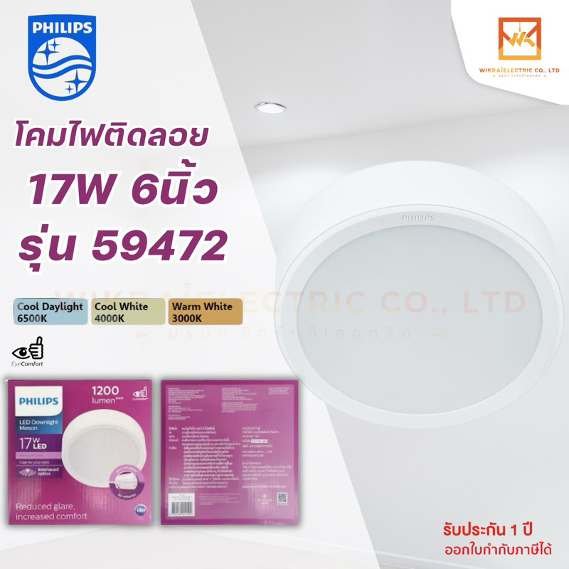 PHILIPS โคมไฟดาวไลท์ ติดลอย 17W ขนาด 6 นิ้ว ฟิลิปส์ LED หน้ากลม ติดลอย 59472 MESON 150 17W SURFACE M