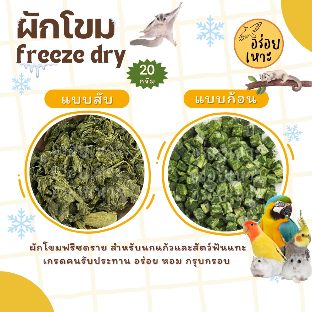 ผักโขม ฟรีซดราย ไร้น้ำตาล อาหารนกแก้ว ชูก้าไรเดอร์ หนูแฮมเตอร์และสัตว์ฟันแทะทุกชนิด (กระปุก 20G)