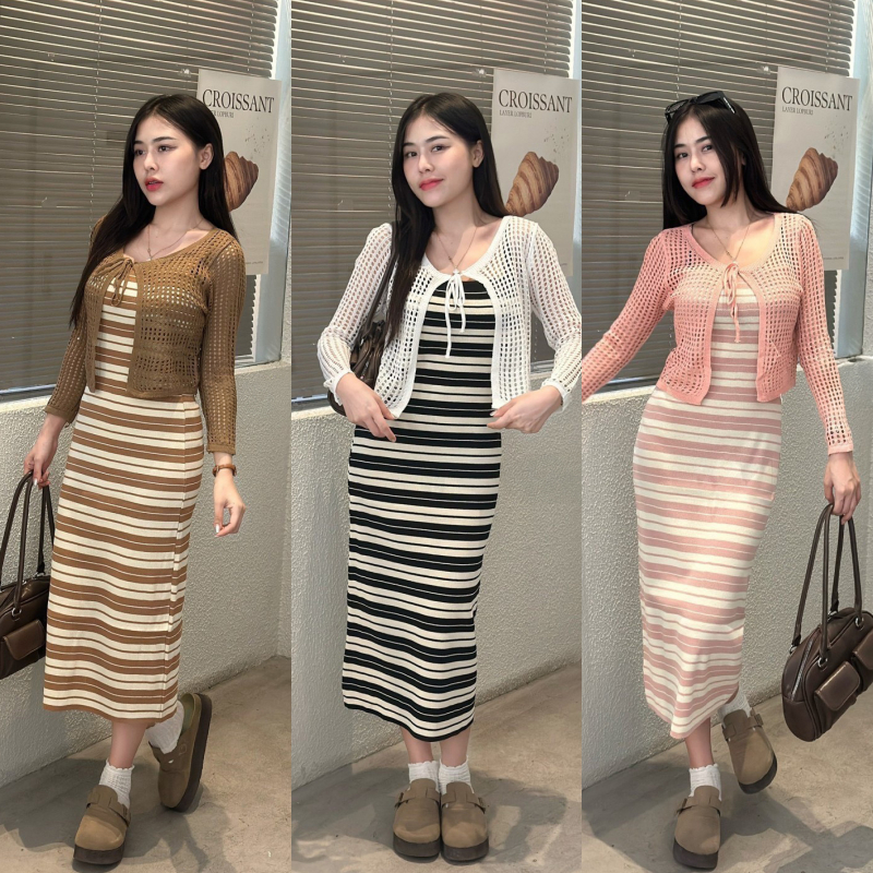 ชุดเซ็ต2ชิ้น เดรสสายเดี่ยวทรงถ่วงยาว+เสื้อคลุมตาข่าย ผูกเชือกอก พร้อมส่ง 💗 ผ้าไหมพรมยืดนิ่ม ยืดเยอะ รุ่น น้ำดื่ม