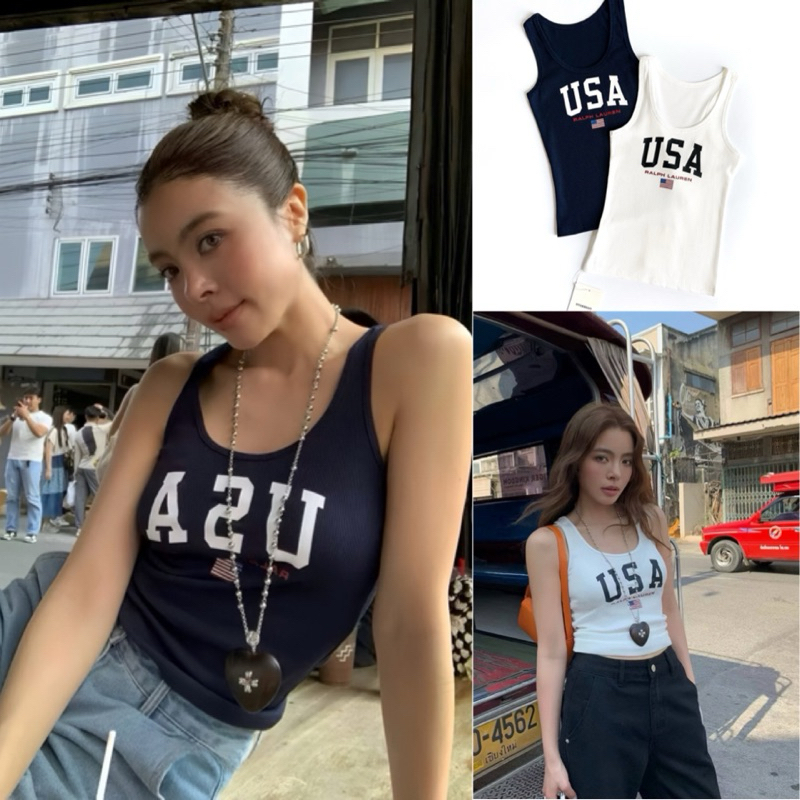 𝗨𝗦𝗔 𝗝𝗘𝗥𝗦𝗘𝗬 𝗧𝗔𝗡𝗞 𝗧𝗢𝗣พร้อมส่ง✨เสื้อกร้ามผ้ายืดสกีนเก๋ๆป้ายONSEASON
