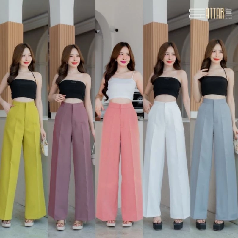 กางเกงขากระบอกเอวสูง ตอกตะขอหน้าเรียบ ผ้าเปเป้ ยาว40“ (S-3XL) ปลายขากว้าง12”