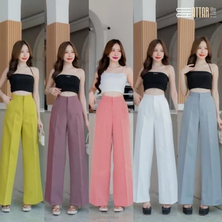 กางเกงขากระบอกเอวสูง ตอกตะขอหน้าเรียบ ผ้าเปเป้ ยาว40“ (S-3XL) ปลายขากว้าง12”