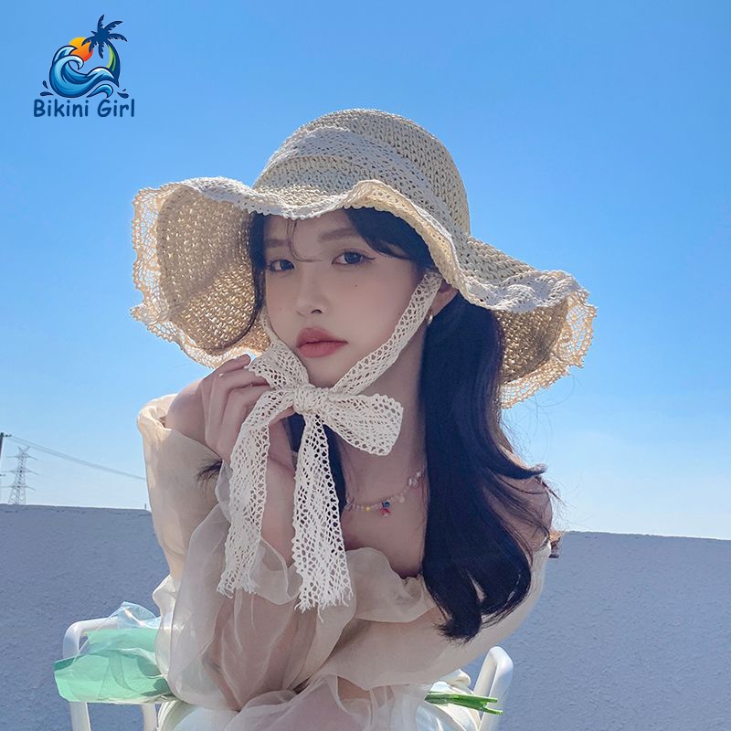 หมวกฟาง หมวกสาน  ร่มกันแดด ระบายอากาศ  โบว์ลูกไม้ หมวกชายหาด
