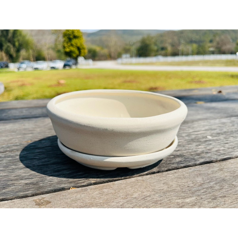 กระถางบอนไซ ดินเผา งานเผาแกร่ง พร้อมจานรอง ขนาด 5 x 6 นิ้ว สูง 2.8 นิ้ว