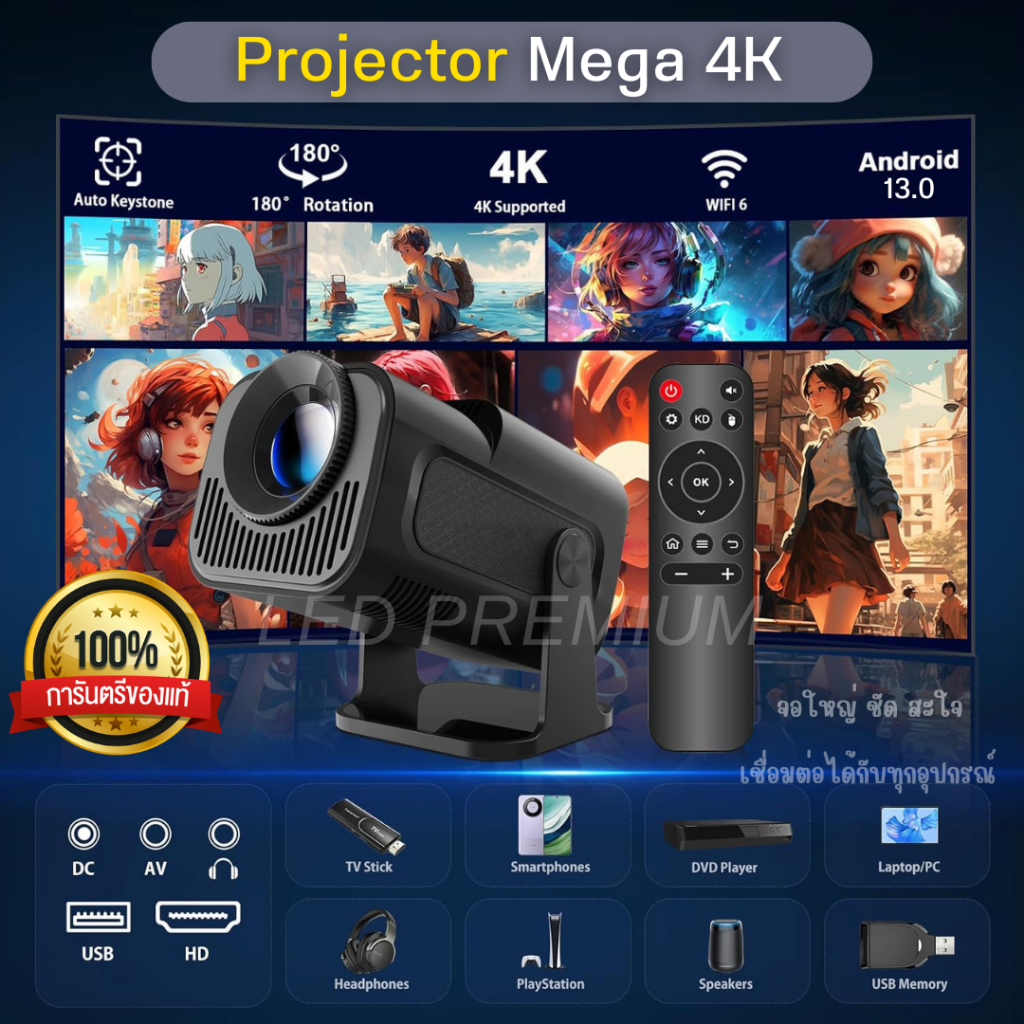Projector Mega4k โปรเจคเตอร์เมก้าโฟร์เค เชื่อมต่อได้กับทุกอุปกรณ์ ทั้งมือถือ คอม โน๊ตบุ๊ค หรืออื่นๆ