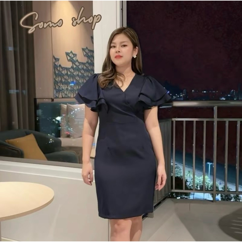 D6 เดรสออกงาน ชุดทำงาน แขนระบายเลเยอร์ ผ้าบาร์บี้มีไซส์(M-3Xl)