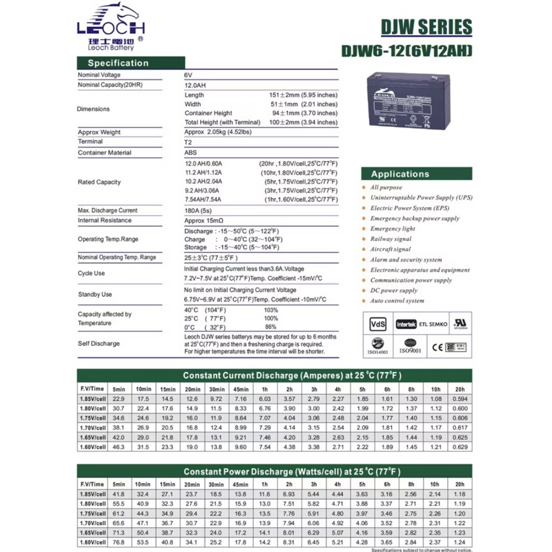 LEOCH แบตเตอรี่ 6V12Aขนาด(L15.1xW5xH9.4CM)DJW6-12‘แบตไฟฉุกเฉิน,ใช้กับDC6V - รูปที่ 3