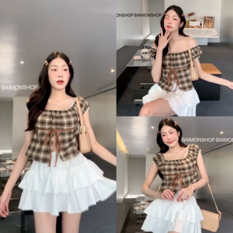 💰 MahahengCloset 💰เสื้อแขนตุ๊กตา ลายสก็อต ผ่าหน้า หลังสม็อค ดีเทลแต่งลูกไม้ ใส่แล้วน่ารักมาก💕