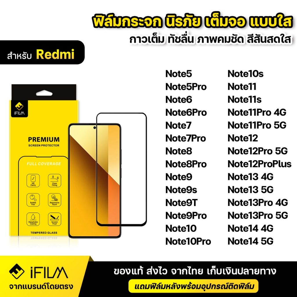 iFILM ฟิล์มกระจก นิรภัย For Redmi Note 10 11 Note12 Pro Plus Note 13 Pro Note14 เต็มจอ เต็มกาว แบบใส HD ฟิล์ม กันกระแทก