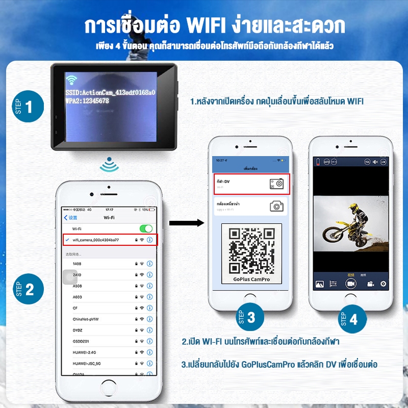 รับประกัน 5 ปี กล้องติดหมวกกันน็อค（4K WIFI ความลึกใต้น้ำที่ลึกที่สุดสามารถเข้าถึง 90M）กล้องติดหมวก กล้องติดรถมอเตอร์ไซค์