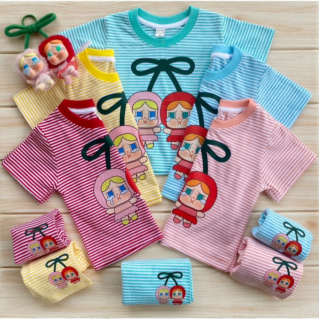 ชุดเด็ก crop แขนสั้น ขาสั้น คอกลม ผ้า cotton ลายริ้ว สกรีน การ์ตูน เด็กผู้หญิง เด็กผู้ชาย