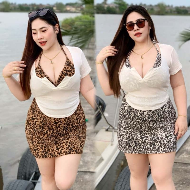 ชุดเซต 3 ชิ้น ลายเสือ เสื้อคลุม+บราเสือ+กระโปรง ใส่สงกรานต์ เที่ยวทะเลแซ่บๆ สาวอวบ