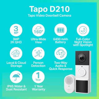 TP-Link (Tapo D210) Tapo Video Doorbell Camera กริ่งประตูอัจฉริยะ กล้อง 2K 3MP ภาพสีคมชัด IP65 สื่อสารได้ 2 ทาง
