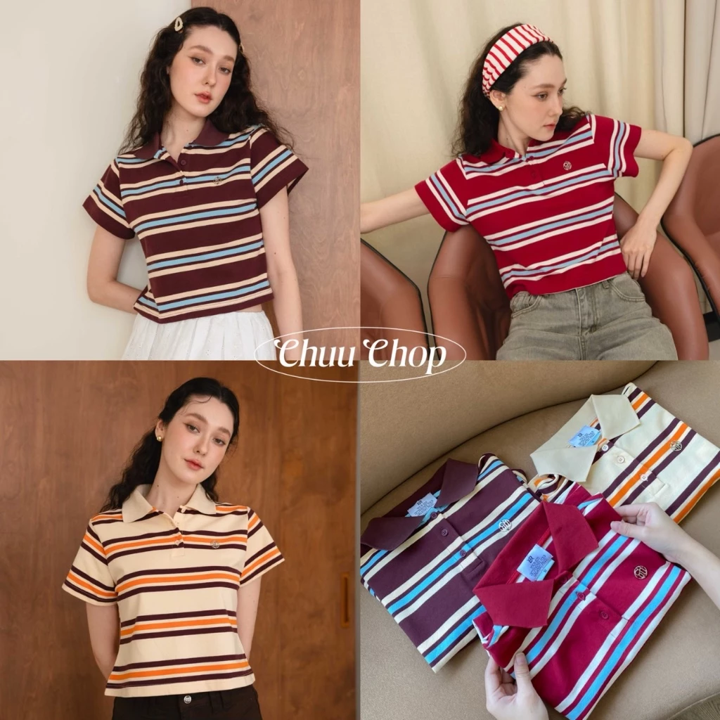 CHUUCHOP - (S-2XL) Preppy Stripe Polo เสื้อโปโลลายทางแขนสั้น(C8379)