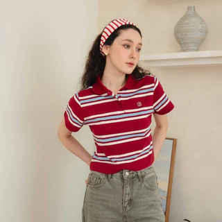 CHUUCHOP - (S-2XL) Preppy Stripe Polo เสื้อโปโลลายทางแขนสั้น(C8379)