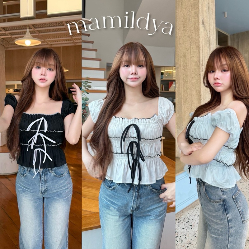 🌟Mamildya.shop🌟 เสื้อแขนดอลลี่ ผ้าคอตตอล 100%  แต่งโบว์/ K3-5/NUSA-ตัดดำ