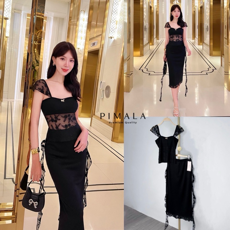 Pimala เสื้อแขนซีทรูลายสวยเซ็กซี่เนื้อผ้ายืดหยุ่นเก็บหุ่นเอวด้านหน้าเปิดเซ็กซี่ซีทรู กระโปรงยาวสีดำม