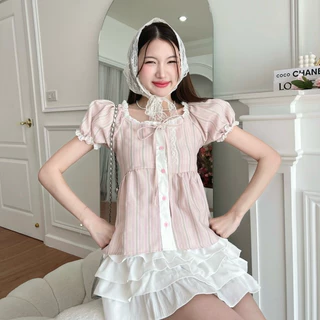 🌟Mamildya.shop🌟 เสื้อแขนตุ๊กตากระดุมหน้า น่ารักมากๆ ลายผ้าตัดกับสีกระดุมน่ารัก/S2-4/TOT-ริบขาว ⚫