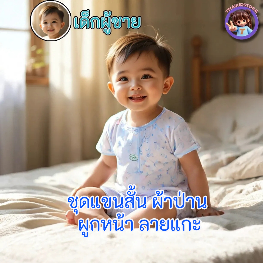 3 ชุด เด็กอ่อน สีขาว ลายแกะ 0-3 เด็กผู้ชาย ผ้าป่าน เสื้อแขนสั้น ผูกหน้า + กางเกง ขาสั้น ฟ้า ชมพู เหล